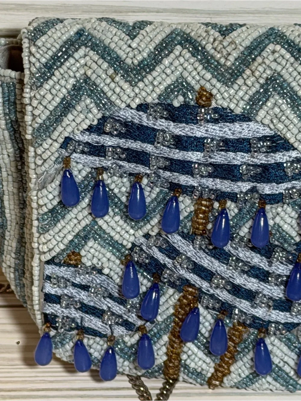 Viral Beaded Umbrella Crossbody Bag Blue Wht Chevron Seed Bead Chain Strap Purse